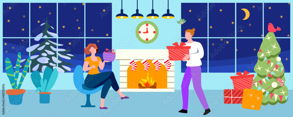 Fototapeta premium New Year, Christmas, a guy and a girl give each other gifts next to the fireplace, Vector illustration, hand drawn, not AI