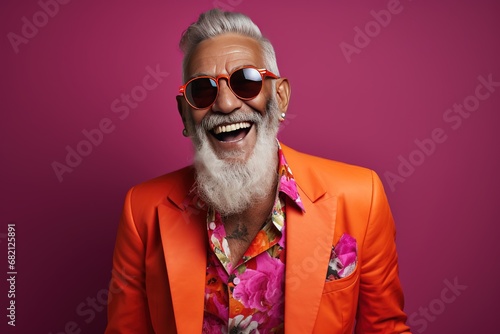 Portrait of a beautiful and handsome smiling, happy and pleased man with positive vibes. Human person dressed in fashionable, colorful and fun clothes. Generative AI, AI