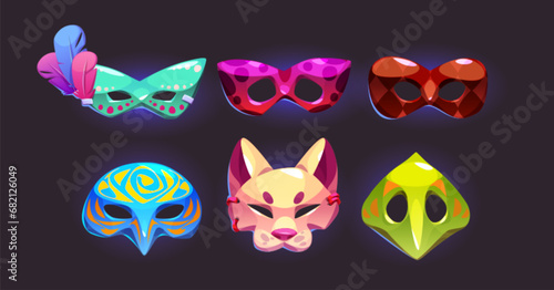 Carnival masks set isolated on black background. Vector cartoon illustration of masquerade party costume elements for face decorated with feather and ornament, festival show, Venice traditional art