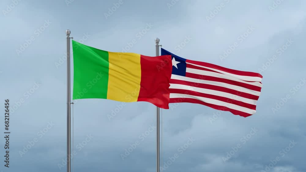 Liberia and Mali flag waving together on cloudy sky, endless seamless loop, two country cooperation concept Liberia and Mali flag waving together on cloudy sky, endless seamless loop, two country cooperation concept