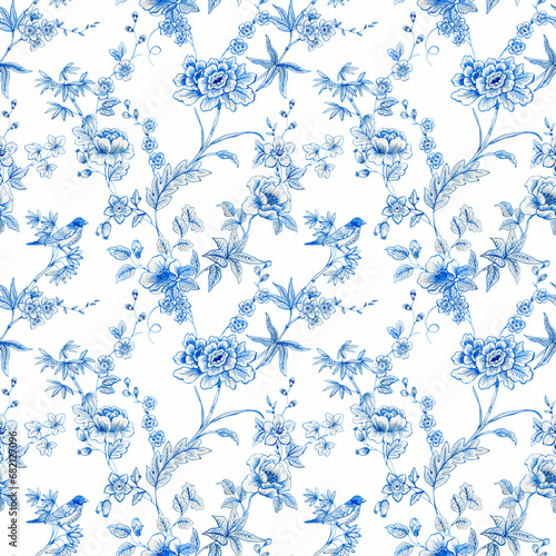 Beautiful floral seamless pattern with hand drawn watercolor wild blue and white herbs and flowers. Stock illustration.