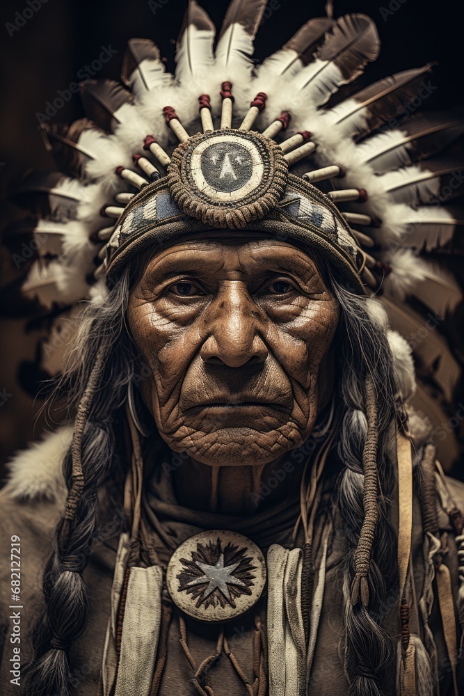 vintage studio portrait of a native american chief in traditional clothes