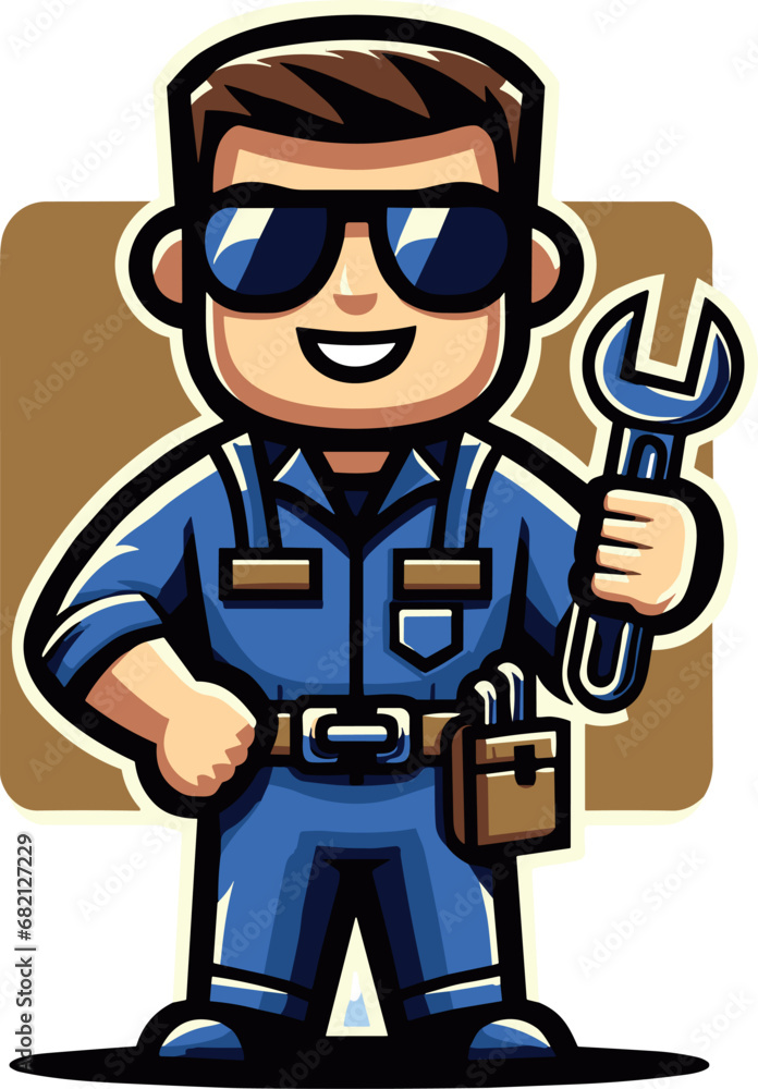 Cheerful Handyman with Wrench Vector Illustration