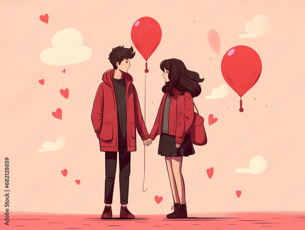 Romantic couple in love, with love hearts, Valentine's Day concept Romantic couple in love, with love hearts, Valentine's Day concept