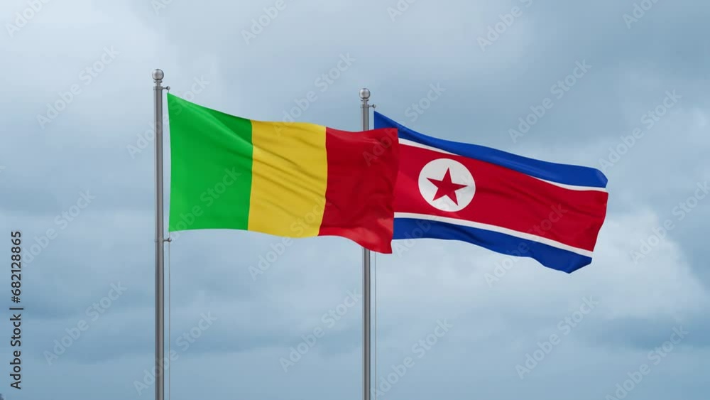 North Korea and Mali flag waving together on cloudy sky, endless seamless loop North Korea and Mali flag waving together on cloudy sky, endless seamless loop