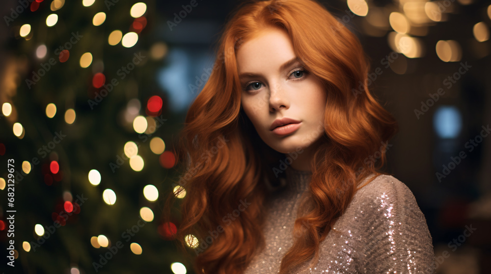 Glamour Shot of Beautiful models of different ethnicity with a christmas tree and bokeh lights Glamour Shot of Beautiful models of different ethnicity with a christmas tree and bokeh lights