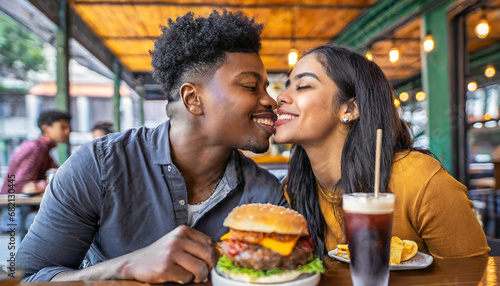 Happy smiling african american couple kissting, eating burger together at bar or pub, people, leisure, friendship, party and communication concept