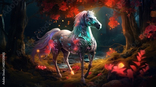an image of the amazing forest horse under the enchanting glow of the forest's bioluminescent flora.