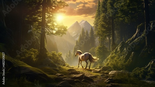 an otherworldly realm where the amazing forest horse's hooves leave trails of stardust with each step. photo