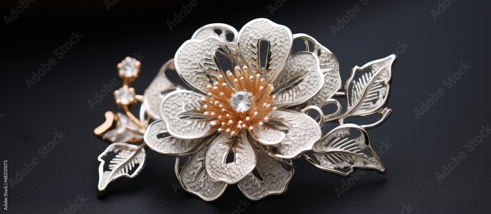 Fototapeta premium In a quaint vintage shop, a beautiful silver filigree flower brooch catches the eye with its intricate design, a mesmerizing blend of black and white. Its retro charm radiates a sense of timeless