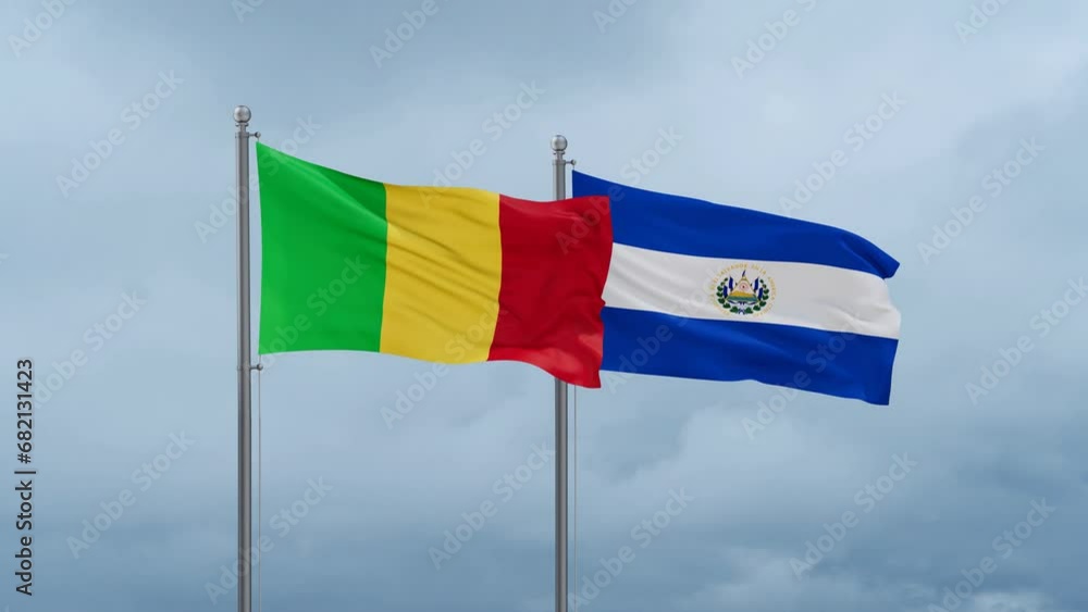 Republic of El Salvador and Mali flag waving together on cloudy sky, endless seamless loop, two country cooperation concept Republic of El Salvador and Mali flag waving together on cloudy sky, endless seamless loop, two country cooperation concept