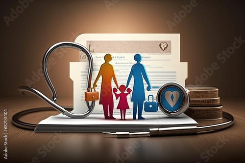 Medical health insurance concept. Family with stethoscope and pl