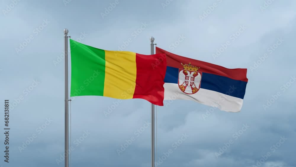 Republic of Serbia and Mali flag waving together on cloudy sky, endless seamless loop, two country cooperation concept Republic of Serbia and Mali flag waving together on cloudy sky, endless seamless loop, two country cooperation concept