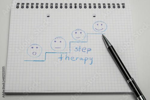 Kroki terapii psychologicznej naszkicowane w zeszycie, od depresji przez akceptację do zadowolenia
