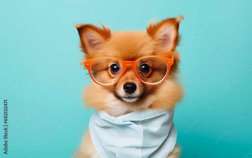 Funny nerd pet in Glasses and mask, jacket, funny look,