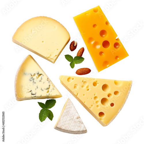 A top view of a diverse selection of cheese types arranged on a transparent background.