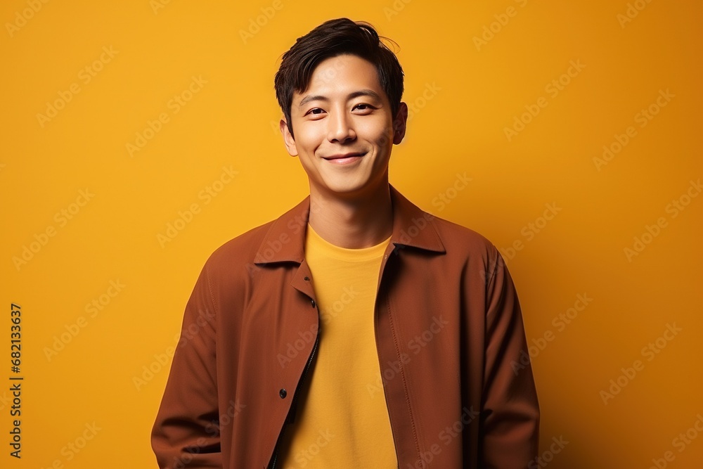Obraz premium Portrait of a beautiful and handsome smiling, happy and pleased man with positive vibes. Human person dressed in fashionable, colorful and fun clothes. Generative AI, AI