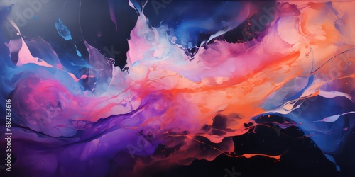 Style of wavy resin sheets with a color palette of dark violet and light orange, incorporating narrative diptychs, spiritual figures, interstellar nebulae, image noise, and shades of light black.