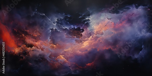Style of wavy resin sheets with a color palette of dark violet and light orange, incorporating narrative diptychs, spiritual figures, interstellar nebulae, image noise, and shades of light black.