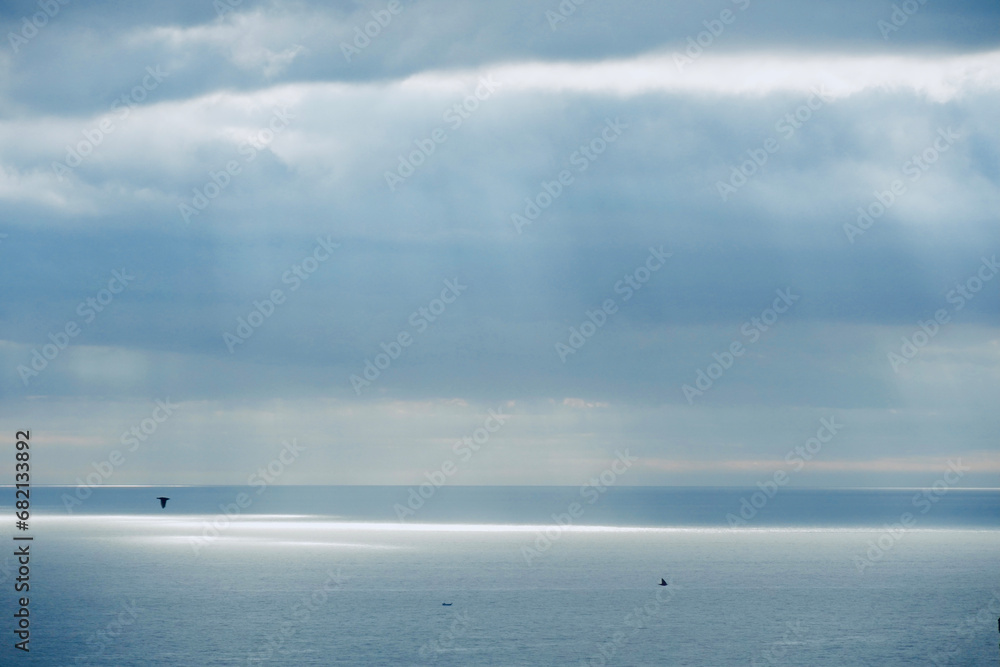  View of storm clouds over the sea with sun rays and birds flying.