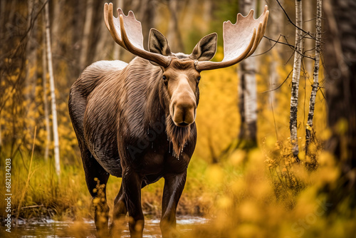 American moose Alces alces wading in water