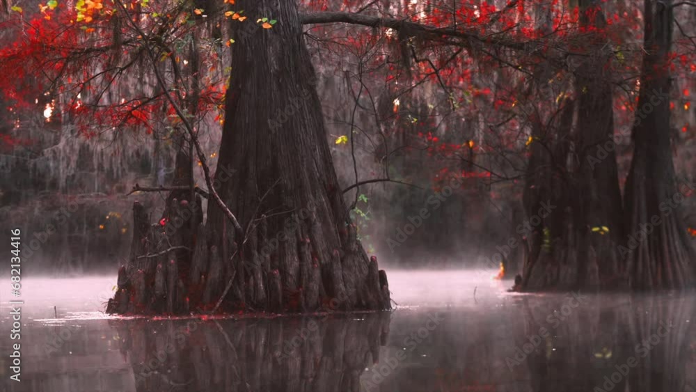 Morning drifting along the glass swamps of Caddo Lake with cypress trees that are peaked with colors.