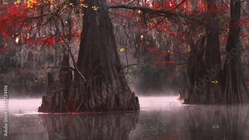Morning drifting along the glass swamps of Caddo Lake with cypress trees that are peaked with colors. photo