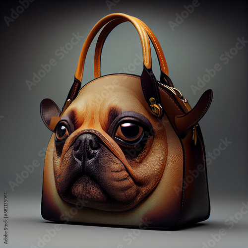 Leather handbags for women. A bag with a bulldog print. Fashion bag. photo
