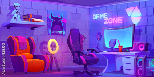 Computer game streaming studio. Vector cartoon illustration of lounge room with desktop pc, microphone, round led lamp, smartphone for streaming, armchairs, books and toy robot on shelf, wall poster