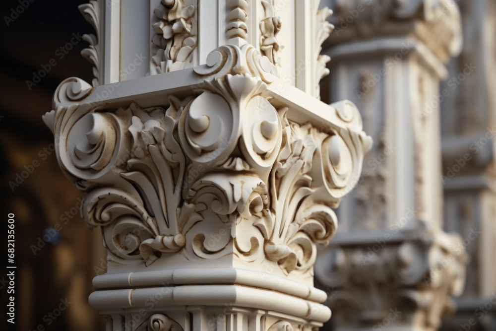 A detailed view of a pillar with a building in the background. This image can be used to depict architectural elements or as a symbol of strength and stability in various design projects
