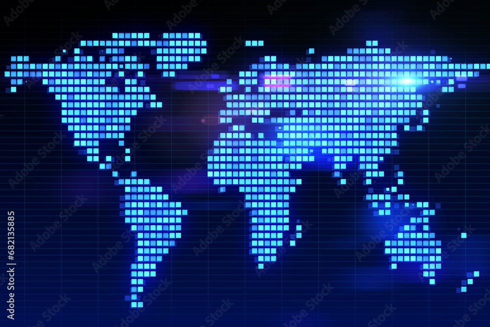 Creative glowing digital pixel squares map of the world with spotlights. Global business concept. 3D Rendering. Creative glowing digital pixel squares map of the world with spotlights. Global business concept. 3D Rendering.