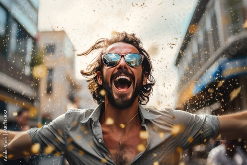 A man with sunglasses and a beard is joyfully throwing confetti in the air. 