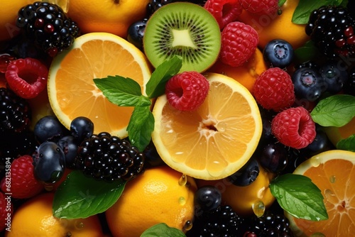 A close-up view of a bunch of various fruits. This image can be used for illustrating healthy eating  fruit salads  or a colorful fruit display