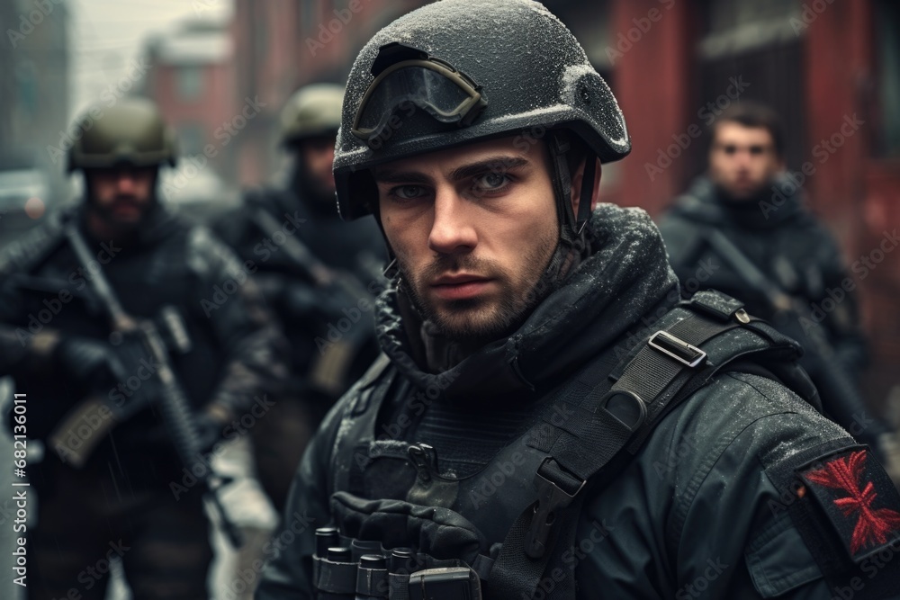 A group of men dressed in military gear standing together. A group of men dressed in military gear standing together.