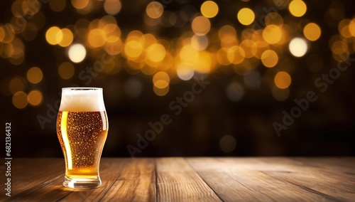 A glass of beer on a wooden table against a backdrop of blurred lights, creating a warm and pleasant atmosphere.
