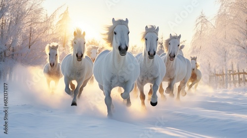 Horses frolic in the snow-covered paddock during a beautiful winter morning.
