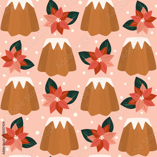 hand drawn Pandoro traditional italian Christmas cake seamless vector pattern background illustration with poinsettia flowers