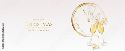 Christmas and New Year greeting card with transparent realistic two glasses of champagne with clock, ribbons, snowflakes and confetti.