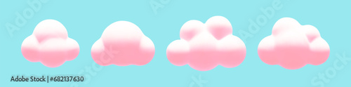 Cartoon 3d pastel pink fluffy clouds set. Vector soft dream cloud on blue background. 3d Render bubble shape, round geometric cumulus illustration for design, game, app