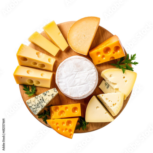 Top view of assorted cheese board with cut cheeses and herbs on a transparent background, perfect for a gourmet cheeseboard. photo