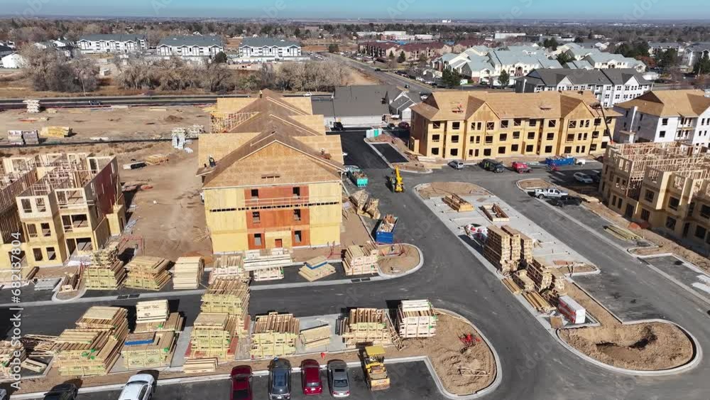 Affordable housing construction in Greeley Colorado. 4k Drone footage.