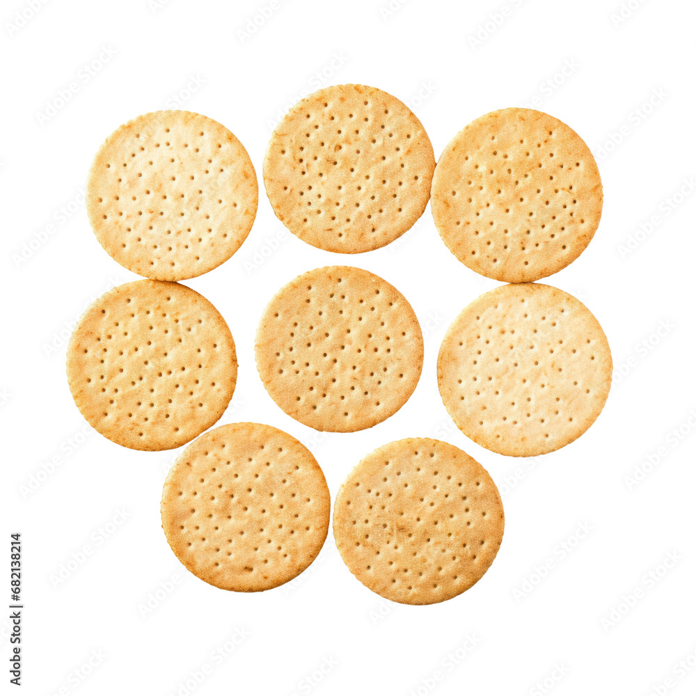 Round golden-brown crackers neatly arranged in a circular pattern on a transparent background. Round golden-brown crackers neatly arranged in a circular pattern on a transparent background.
