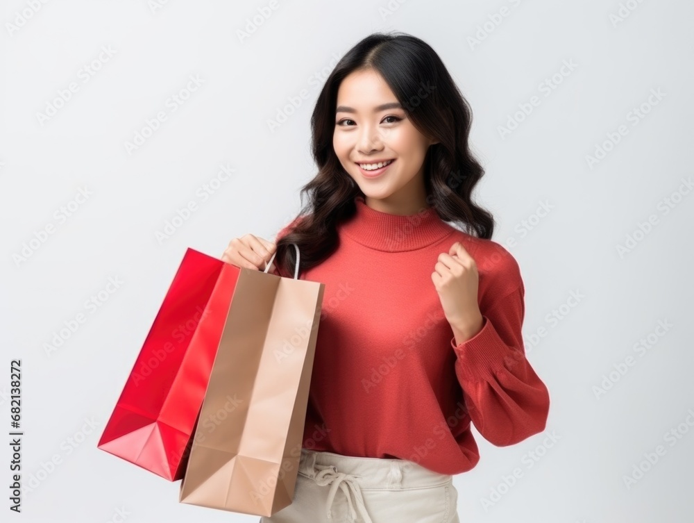 happy Asian woman holding paper shopping bags on pastel colored background happy Asian woman holding paper shopping bags on pastel colored background