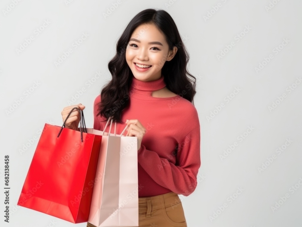 happy Asian woman holding paper shopping bags on pastel colored background happy Asian woman holding paper shopping bags on pastel colored background