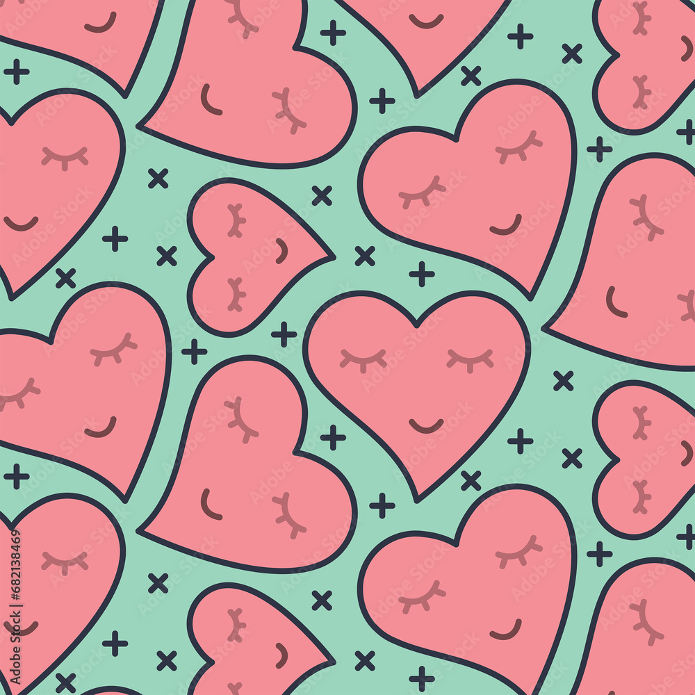 Digital png illustration of rows of happy pink hearts on green and transparent background