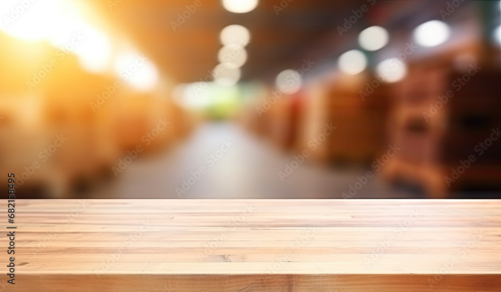 a wooden table top with a blur background of lights in the background of the table and the table top is made of wood and has a wooden surface with a. generative ai