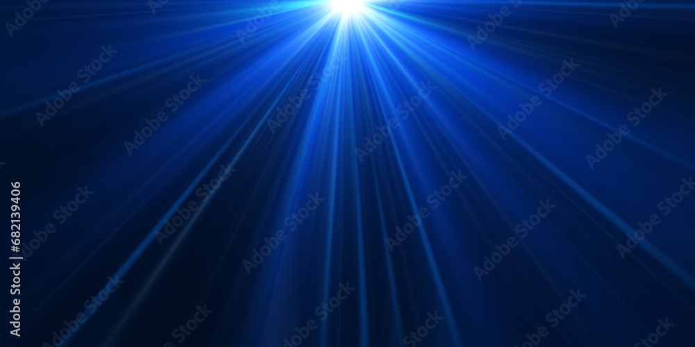 Top center blue light flare or glare for project overlay screen effect above for luxury premium product design. effect element 3d illustration rendering.