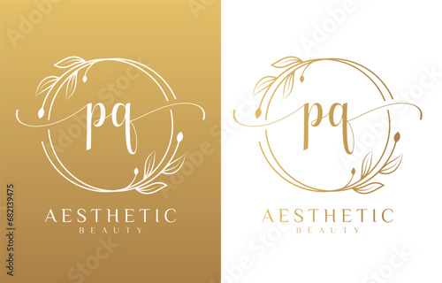 Letter P and Q Beauty Logo with Flourish Ornament