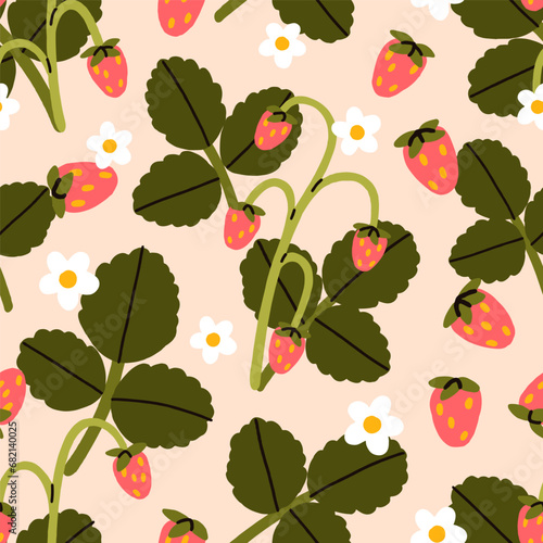 Strawberry and flowers  seamless pattern design. Endless summer print  background. Berry and leaf  repeating nature texture. Flat vector illustration for wallpaper  wrapping  fabric and textile