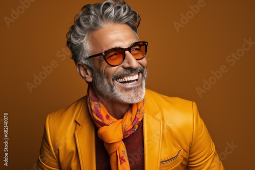 A beautiful and handsome smiling, happy and pleased man with positive vibes. Human person dressed in fashionable, colorful and fun clothes. Generative AI, AI